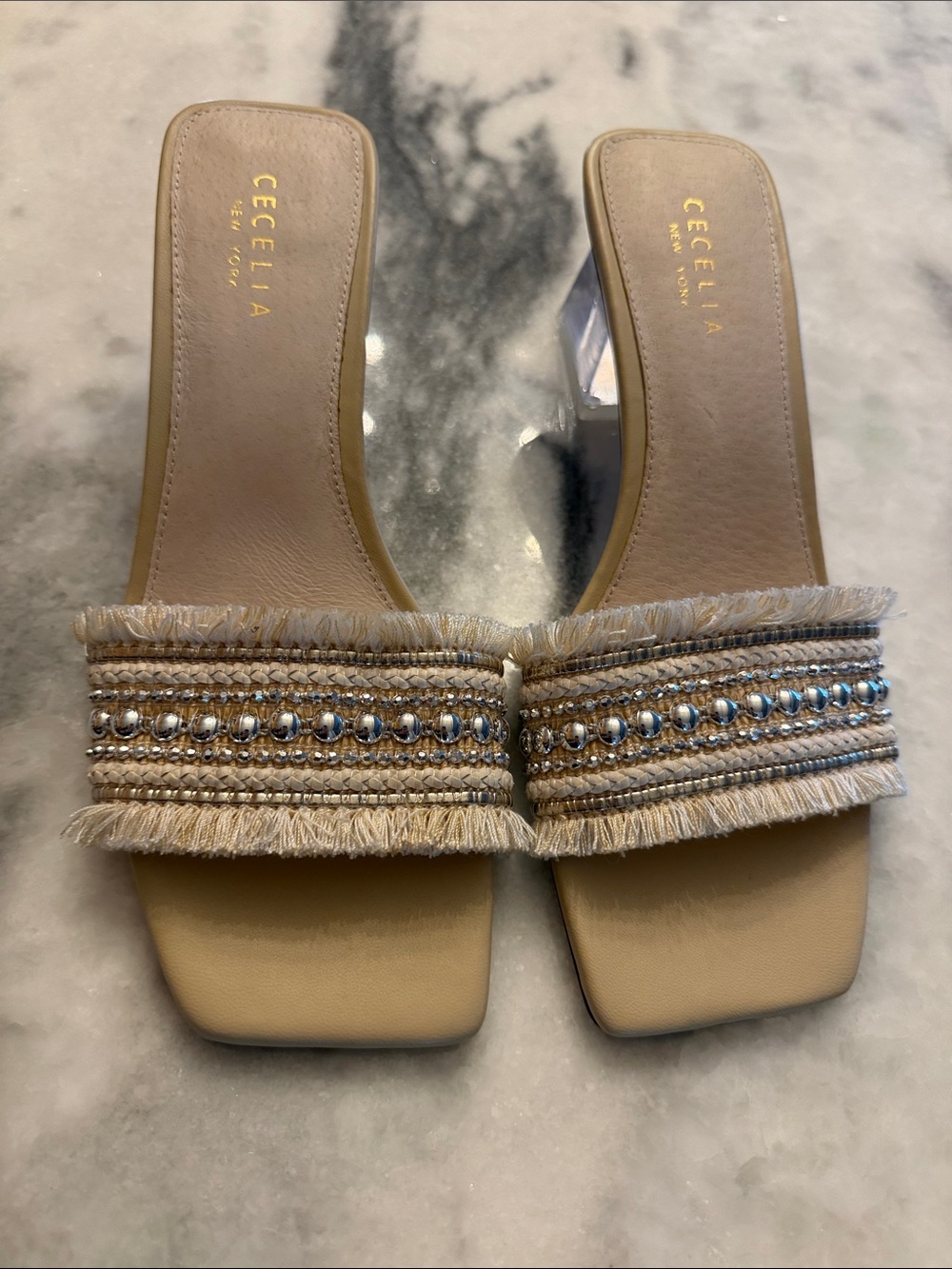 CECELIA NEW YORK Beige Embellished Fringe CINDER Slide Mules 7.5 - Picture 2 of 12